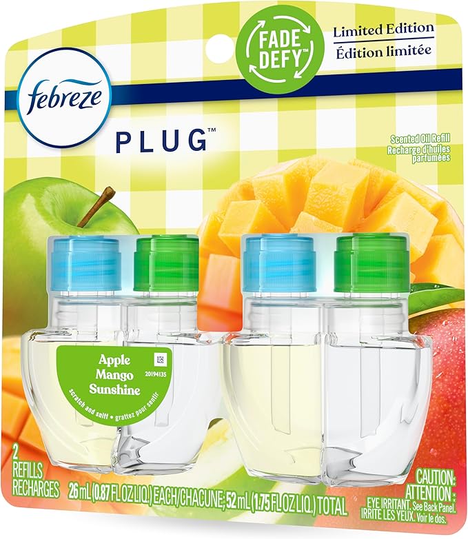 Febreze Plug In Air Freshener, Odor-Fighting Scented Oil Refill, Apple Mango Sunshine Scent, 2 Refill