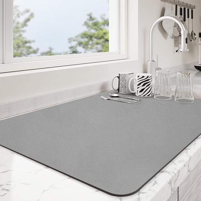 Dish Drying Mat for Kitchen Counter | Coffee Bar Mat for Countertops | Heat Resistant Drainer Mat with Non-slip Rubber Backed | Hide Stain Kitchen Absorbent Draining Mat | Grey 16"x24"
