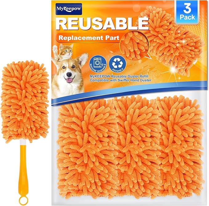 Reusable Duster Refill for Swiffer Hand Duster, 360 Degree Duster Refills for Cleaning, Ceiling Fan, Orange, 3 Pack (Handle is Not Included)