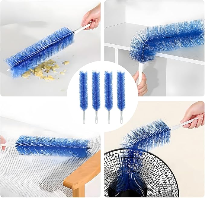 4 Pcs Bendable Microfiber Fan Cleaner Brush, Blue–Reusable Gentle Blade Dusting Tool for Ceiling, AC, Table&Stand Fans, Household Air Vents&Curtains