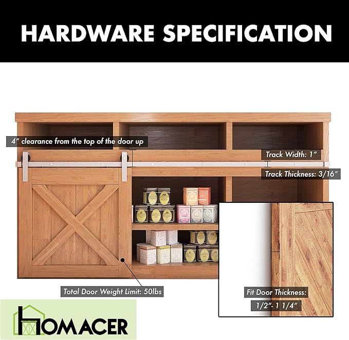 Homacer Mini Brushed Nickel Non-Bypass Sliding Barn Door Hardware Kit, for One/Single Door, 120-inch Long Flat Track, Classic Design Roller, Cabinet TV Stand Console Use…