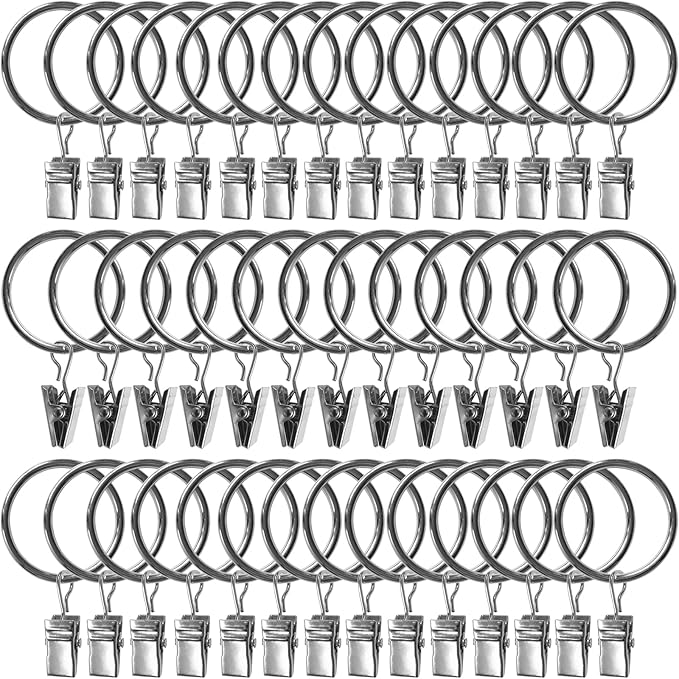 40 Pack Curtain Rings with Clips, Drapery Clips with Rings, Drapes Rings 1.26 in Interior Diameter, Fits up to 1 Inch Curtain Rod, Silver