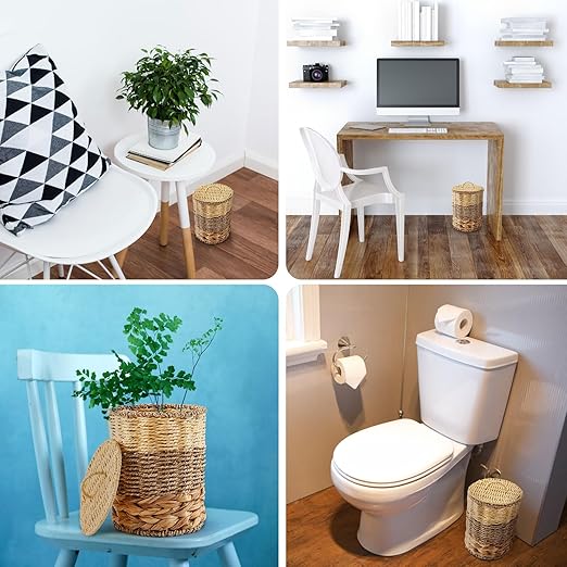 Ctosree 1.3 Gallons Small Trash Can with Lid Handle Boho Woven Braided Bathroom Waste Basket Trash Can with 100 Garbage Bags for Bedroom Office Laundry(Primary Color,Braided Wicker,Round)