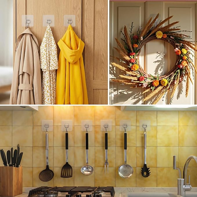 Large Adhesive Hooks 24-Pack, Heavy Duty 44lb(Max) Wall Hooks for Bathroom, Outdoor, Strong Self-Adhesive Towel & Coat Hooks, Waterproof Transparent Utility Hooks for Home Improvement