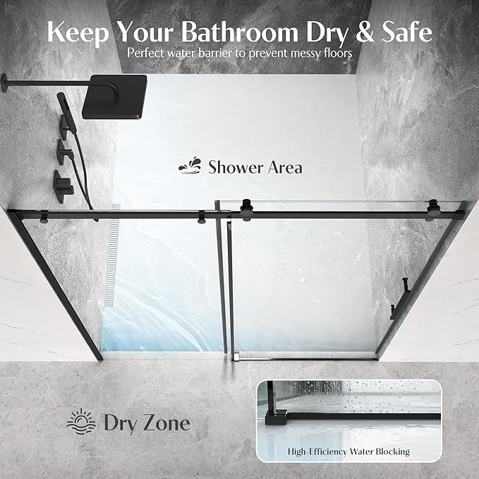 Shower Door 56-60'' W x 72'' H Semi-Frameless & Double Sliding, 1/4 inch (6mm) Thickness Clear Tempered Glass for Walk-in Shower,Matte Black