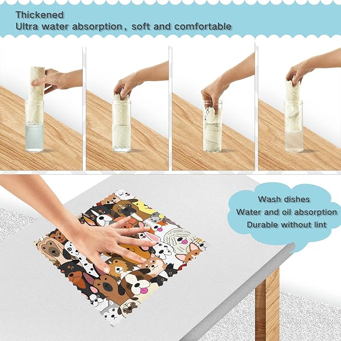 Dish Towels Kitchen Cleaning Cloths Cute Doodle Dog Print Animal Dish Cloths Absorbent Kitchen Towels Lint Free Bar Tea Soft Towel Kitchen Accessories Set of 6,11"x11"