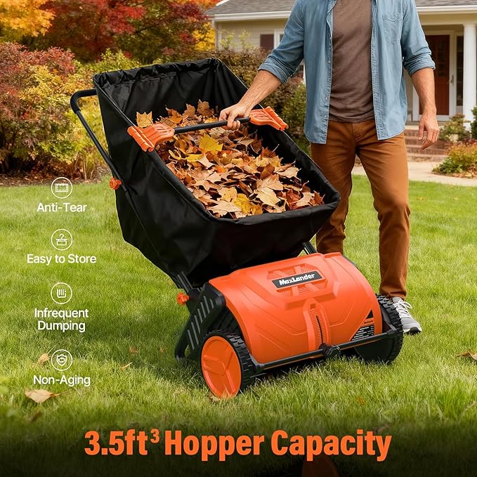 Manual Push Lawn Sweeper, 21-Inch Wide Coverage, Adjustable Height Design with 3.5 Cu. Ft. Collection Hopper for Leaves, Grass Clippings and Yard Debris