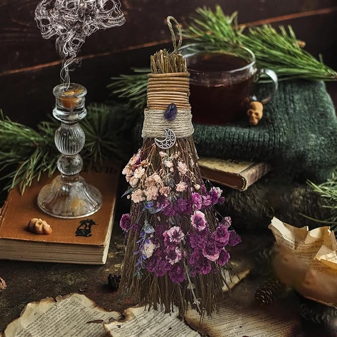 Cinnamon Broom 7.5 Inch Witch Broom for Altar Magic Crystal Handmade Mini Cinnamon Broomstick Scented Natural Herbal Protection Witchcraft Supplies for Wiccan Décor Witchy Gifts (Purple)