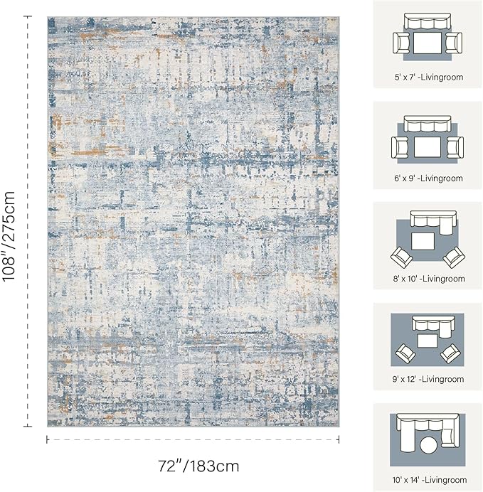 6x9 Washable Area Rug for Living Room, Modern Abstract Large Boho Rugs for Office, Dining Room, Kids Room, Farmhouse, Durable Low Pile Non Slip Carpet for High Traffic Areas, Blue Beige