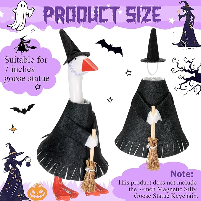 Abbylike Thanksgiving Mini Desk Goose Outfits 7 Inch Magnetic Silly Goose Statue Candy Corn Costume with Witch Hat and Broom for Halloween Magnetic Duck Statue Desk Key Holder Decor(Witch)