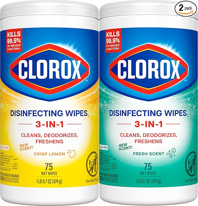 Clorox Disinfecting Cleaning Wipes for Spring Cleaning & Allergy Season, Bleach Free, Fresh Scent and Crisp Lemon, 75 Count Each, Pack of 2