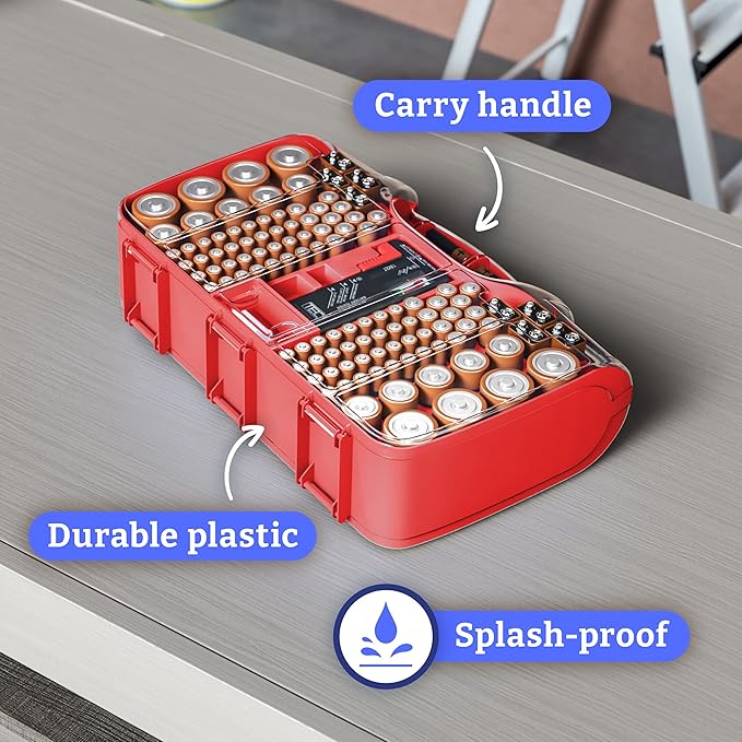 Battery Organizer Storage Case with Tester, Holds 180 Batteries, Clear Hinged Cover, Locking Lid - For AA, AAA, C, D and More, Red