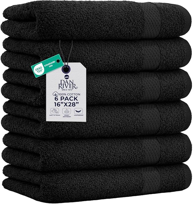 DAN RIVER 6-Pack Premium Hand Towels (16x28 Inches) - 100% Cotton, Ultra Soft, Lightweight, Highly Absorbent Towels for Bathroom, Spa, Gym, Salon, Hotel, and Travel - Black
