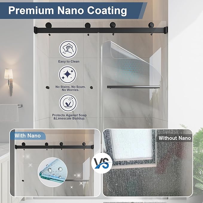 Frameless Bathtub Shower Door, 55-60" W x 60" H Double Sliding Tub Shower Door, 1/4''(6mm) SGCC Tempered Glass with Explosion-Proof Film Nano Coating, Matte Black