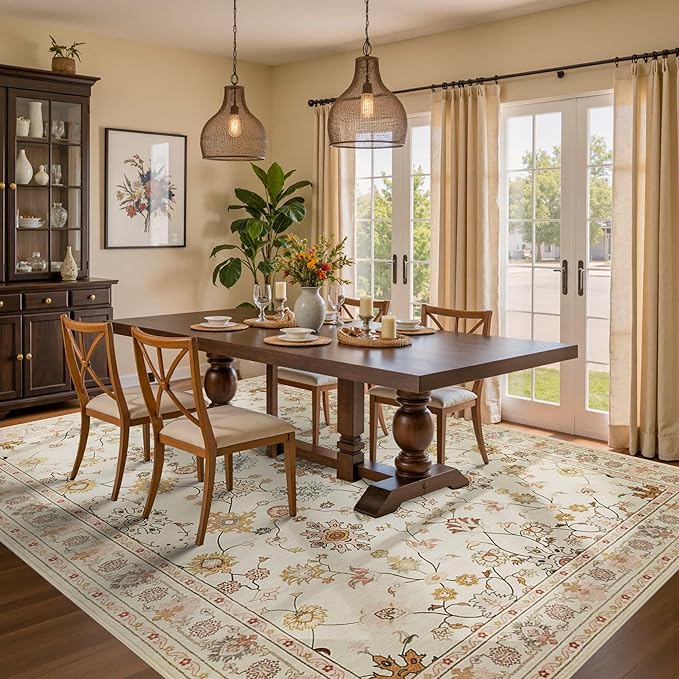 Floral Rug for Living Room Bedroom, 6x9 Washable Rug, Vintage Boho Area Rug, Large Non Slip & Low Pile Wool Carpet for Indoor Dining Room, Girls Room, Nursery Room and Kids Room(Apricot 6x9ft)