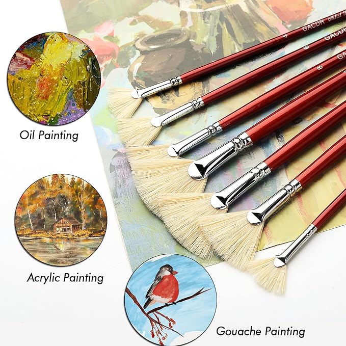 Fan Brush for Painting, 7 Pieces Fan Brush Set with Hog Bristle Natural Hair and Long Wood Handle, Professional Artist Fan Brushes for Acrylic Painting,Oil Watercolor Painting