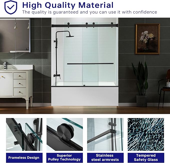 Woodbridge Frameless Bathtub Shower Doors 56-60" Width x 66" Height with 5/16"(8mm) Clear Tempered Glass, 2 Ways Opening & Double Sliding in Matte Black Finish