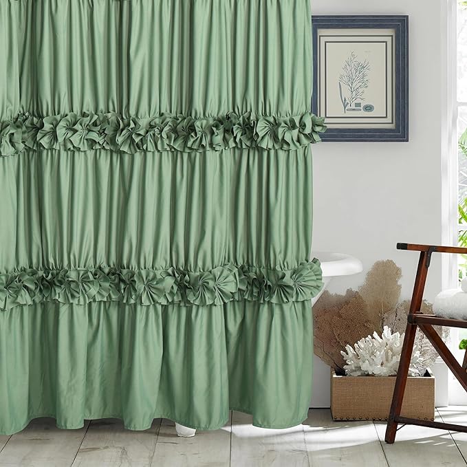 Light Green Ruffle Shower Curtain, Vintage Handcrafted Bow Tie Bath Curtain for Master Bathroom, Ruched Microfiber Bathroom Curtain with 12 Buttonholes, 72" W x 72" H (LQ-10)