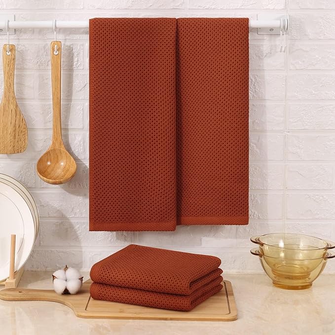 Kitinjoy 100% Cotton Waffle Weave Kitchen Hand Towels (13 X 28 Inches, Rust), 8-Pack Super Soft and Absorbent Dish Towel for Drying Dishes