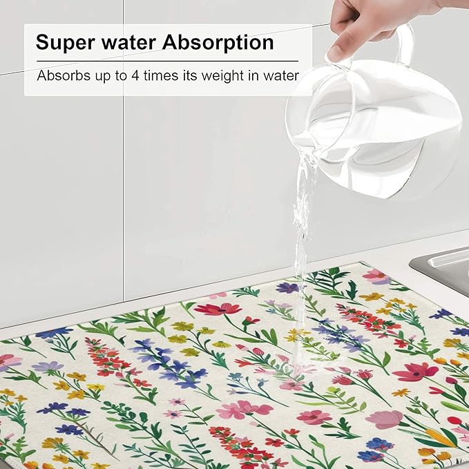 Watercolor Wildflower Dish Drying Mat for Kitchen Counter, 18"x24" Microfiber Absorbent Fast Dry Mat, 2Pcs Dish Mat Faucet Mats Sets, Large Drying Kitchen Mat Kitchen Drying Pad Coffee Bar Decor Gifts