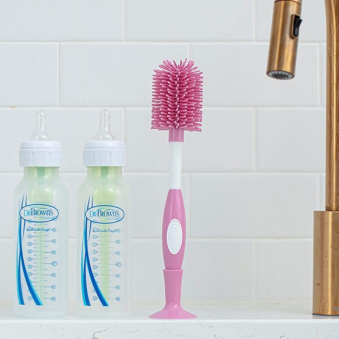 Dr. Brown's Soft Touch No Scratch Baby Bottle Cleaning Brush Nipple Cleaner with Stand and Storage Clip,BPA Free,Pink,(Pack of 12)