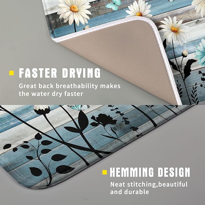 Blue White Daisy Floral Dish Drying Mat for Kitchen Counter,Sprinng Rustic Wood Drying Mat 16 x18 Inch with Absorbent Reversible Microfiber Drying Pad for Coffee Bar
