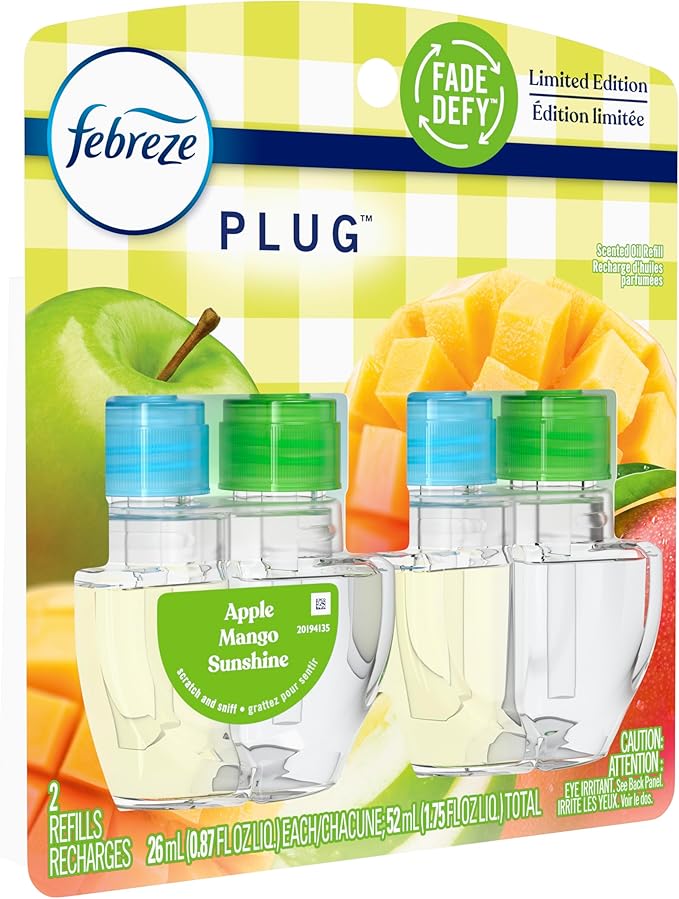 Febreze Plug In Air Freshener, Odor-Fighting Scented Oil Refill, Apple Mango Sunshine Scent, 2 Refill