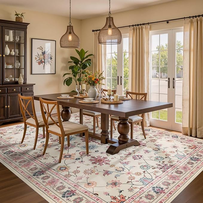 Pink Rug for Living Room Bedroom, Floral 6x9 Washable Rug,Vintage Boho Area Rug, Large Non Slip Flower Carpet for Indoor Dining Room,Girls Room,Nursery Room and Kids Room(Blush Pink 6x9ft)