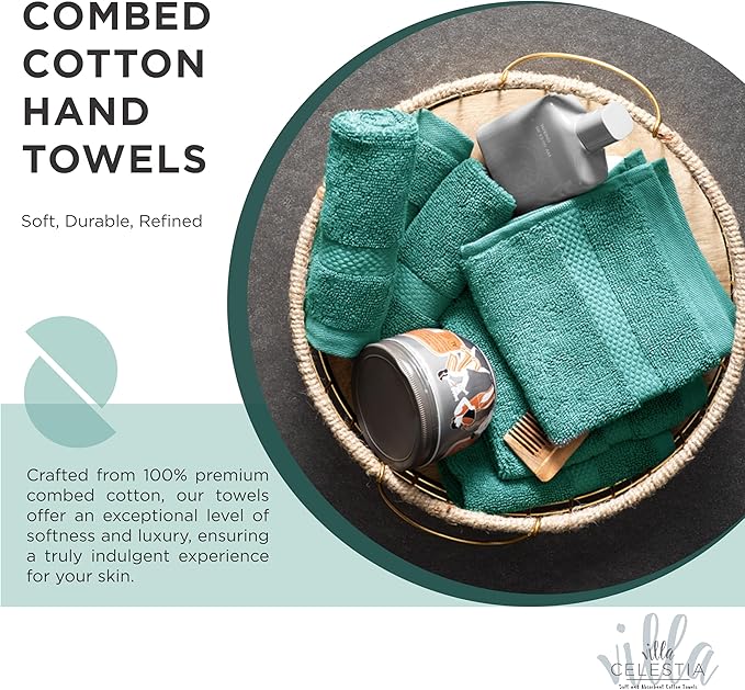 100% Cotton Hand Towel Set of 2, (16 x 28 inches) Sustainable, Soft, Highly Absorbent, Quick Drying, Combed Cotton Hand Towels Pack of 2 Ideal for Hotels, Spa, Bathroom, Dorm, Teal