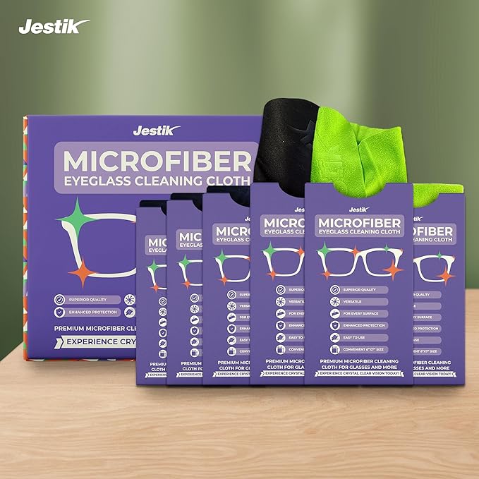 Jestik Microfiber Cleaning Cloth - Japanese Lens Wipes for Eyeglasses, Camera Lenses, Screens & More - Versatile Glasses Cleaner Cloths, Lint-Free, Washable (Black/Purple - Pack of 6)