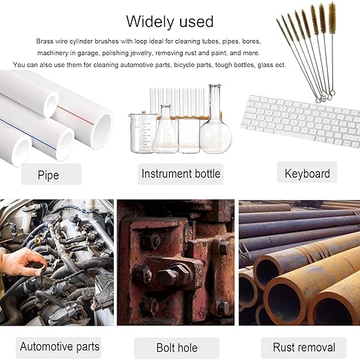 8Pcs Brass Wire Tube Cleaning Brush Set 12inch Long Handle Bristle Tube Brush Metal Pipe Cleaner Bore Brush for Auto Parts, Tubes, Bottle, Glass (6, 8, 10, 12, 14, 16, 20, 25mm)