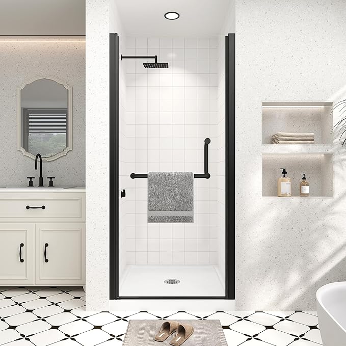 Frameless Pivot Shower Door 34"-36" Wx72 H,1/4"(6mm) Clear Nano Coated (SGCC) Tempered Glass,Reversible Swing Shower Door for Walk-in Shower,Modern Matte Black Finish