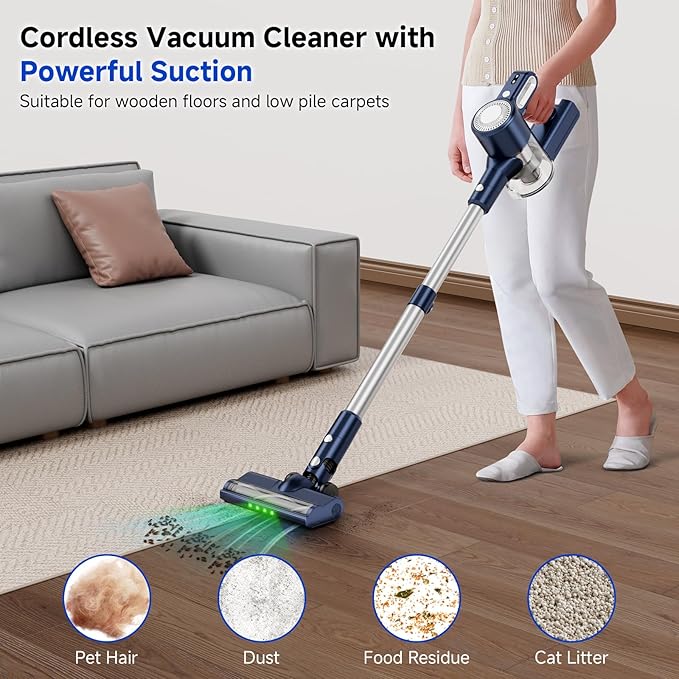 Cordless Vacuum Cleaner for Home: 6-in-1 Stick Vacuum with Powerful Suction, Rechargeable, Anti-Tangle Pet Hair Brush, Self-Standing, Green LED Headlight Vacuum for Carpet & Hardwood Floors-Dark Blue