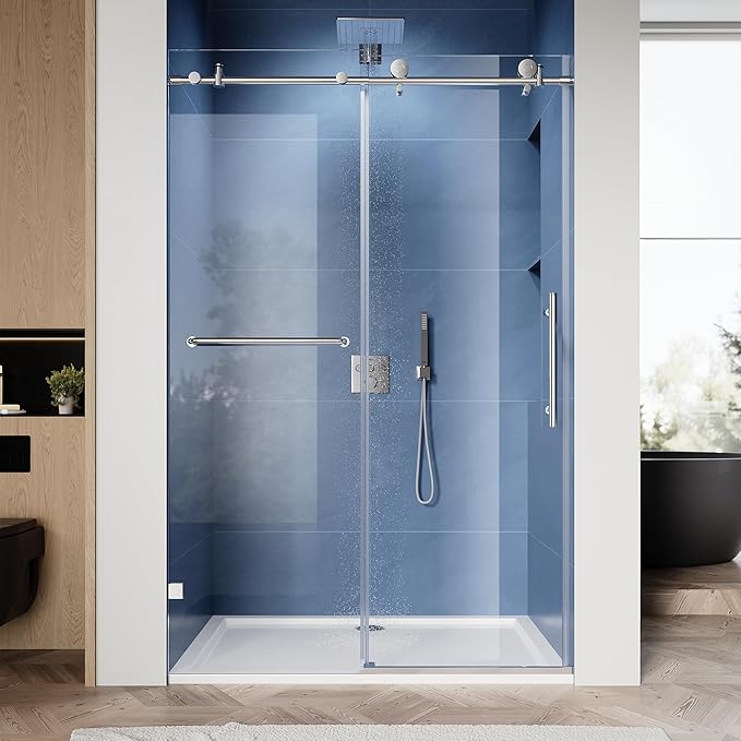 SUNNY SHOWER Frameless Shower Door 60" W x 72" H, Single Sliding Shower Glass Door, 5/16" Tempered Glass, Bathroom Sliding Door in Chrome Finish