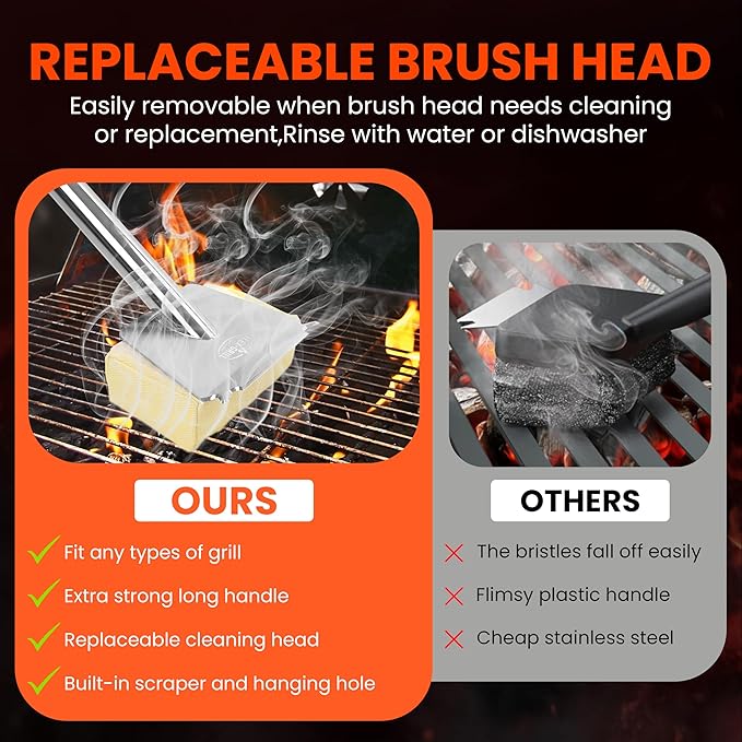 Stainless Steel Grill Brush,BrightGrill Bristle Free,Long Handler, BBQ Brush,Replaceable Head,Safe Grill Cleaner for Outdoor Grill,Gifts for Men/Dads,Grill Accessories