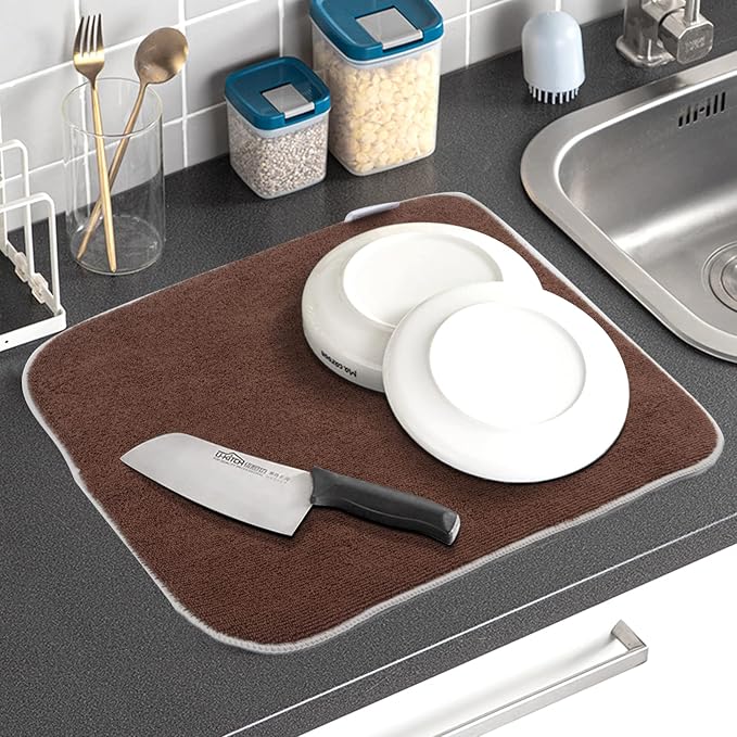 SINLAND Microfiber Dish Drying Mat Super Absorbent Dish Drying Pad for Kitchen Counter, Mat for Countertops or Sinks 16Inch X 18Inch Brown 2 Pack