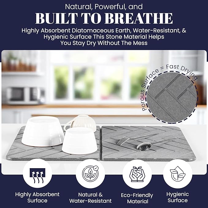 Large Folding Stone Dish Drying Mat for Kitchen Counter – Super Absorbent Diatomite Stone Drying Mat for Dishes, Cups & Bottles – Quick Dry, Space-Saving, Multi-Use Kitchen, Bath & Pet Mat – 23”×15”