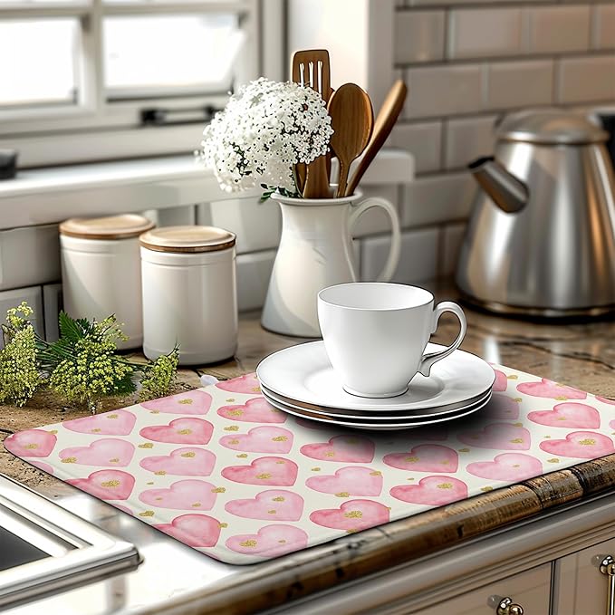 Valentines Dish Drying Mat Valentine Dishes Drying Pad Pink Golden Heart Love Absorbent Dish Dryer Matt for Kitchen Countertops Microfiber 18x24 Inches