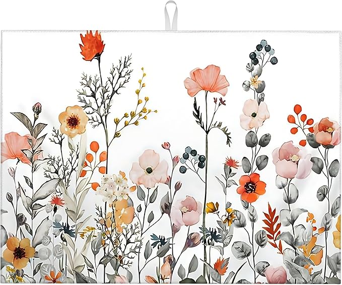 Colorful Wildflowers Dish Drying Mat 18x24 inches Microfiber Absorbent Fast Dry Mat for Kitchen Counter Coffee Bar Floral Large Drying Mat Kitchen Decor Gifts (Wildflowers, 18x24 inches)