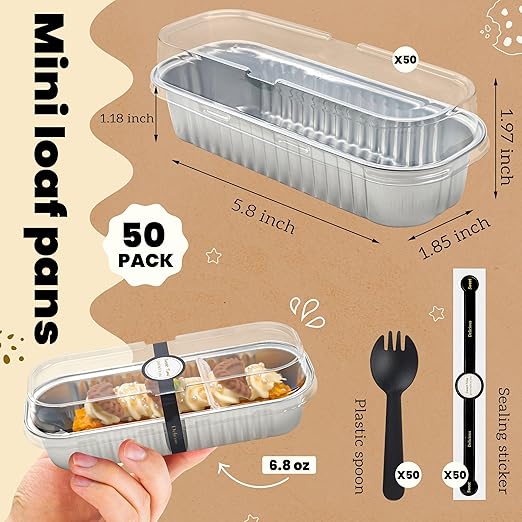 50 PACK Mini Cake Pans with Lids and Spoons, Rectangular Aluminum Foil Bread Pan, Mini Loaf Pans and Food Containers with Lids(Silver, 6.8oz)