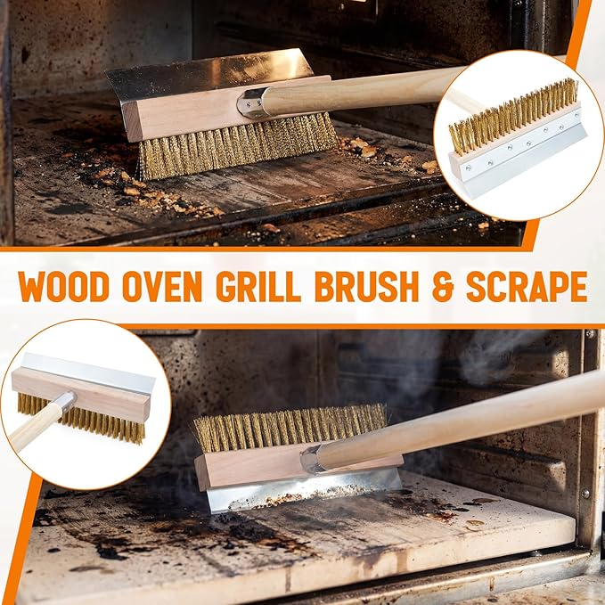 2 Pack 63 Inch Wood Handle Pizza Oven Brush with Scraper Outdoor Pizza Oven Cleaning Brush Tool, Aluminum Threaded Tip, Brass Bristles with Steel Scraper