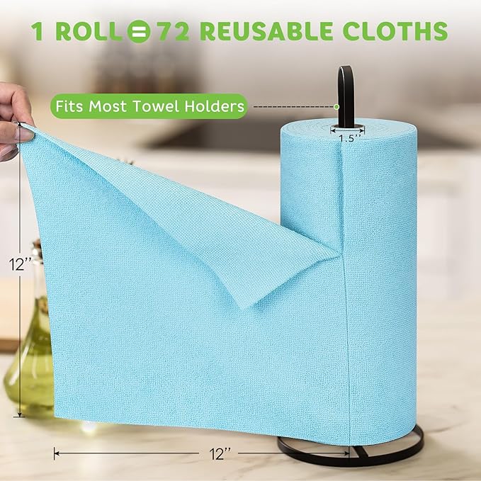 Matthew Microfiber Cleaning Cloth Roll 72Pack (12" x 12") Reusable Paper Towels&Washable Tear Away Towels,Ultra Water Absorbent Lint&Streak Free Cleaning Rags for Glass,Dishwash,Bathroom,Cars-Blue