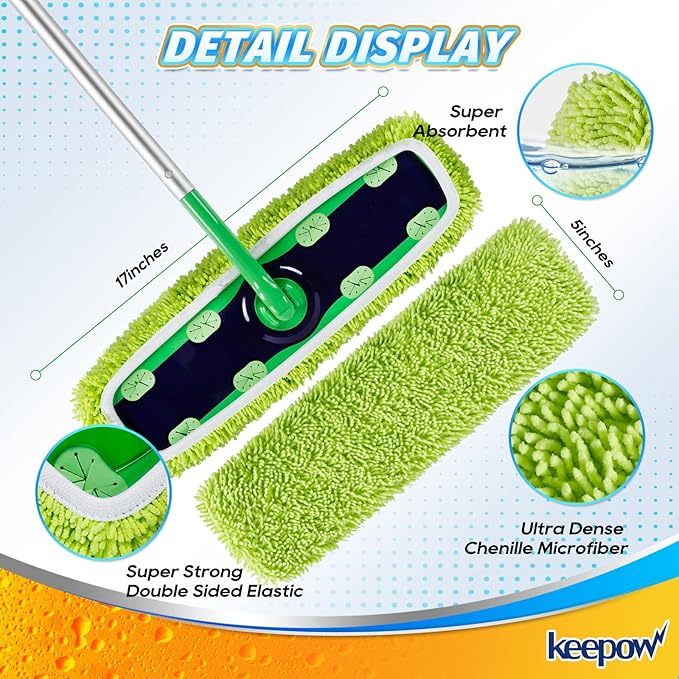KEEPOW Reusable XL Mop Pads Compatible with Swiffer XL Sweeper, X-Large Dry Sweeping Cloths, Wet Mopping Cloths, Washable Microfiber XL Wet Pads Refills for Surface/Hardwood Floor Cleaning, 4 Pack