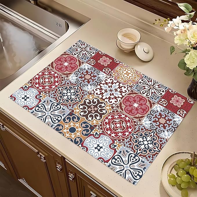 Retro Bohemian Dish Drying Mat 18x24 inches Microfiber Absorbent Fast Dry Mat for Kitchen Counter Coffee Bar Artistic Boho Grid Large Drying Mat Kitchen Decor Gifts (Boho, 18x24 inches)