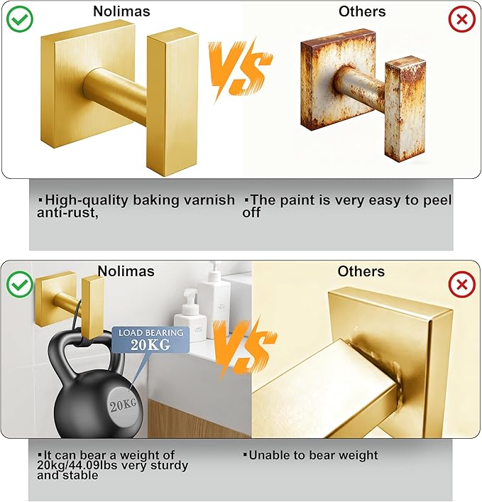 Towel Hooks for Bathrooms, Brushed Gold Towel Hook for Kitchen Bathroom, SUS304 Stainless Steel Coat Hook, Square Heavy Heavy Duty Robe Hooks for Hanging Towels, Coats, sponges, Wall Mount, 4 Pack
