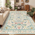 Floral Rug for Living Room Bedroom, 6x9 Washable Rug, Vintage Boho Style, Large Non Slip & Low Pile Wool Carpet for Indoor Dining Room, Girls Room, Nursery Room and Kids Room(Green 6x9ft)