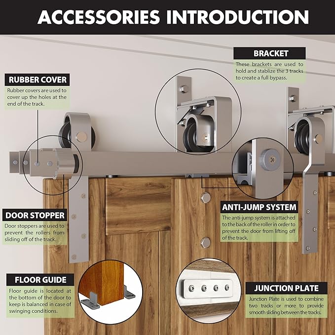 Homacer Brushed Nickel Rustic Triple Track Bypass Sliding Barn Door Hardware Kit (for Door Thickness 1-1/4in~1-3/8in), Three 18ft Long Flat Tracks,for Three Interior Doors（Doors NOT Included）