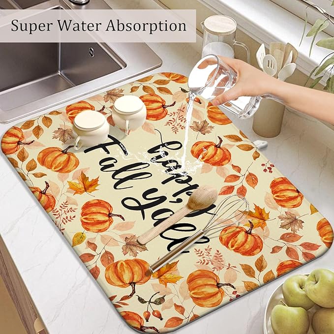 Fall Dish Drying Mat for Kitchen Counter,Autumn Pumpkin Maple Leaf Pattern Microfiber Drying Mat,Washable Absorbent Countertop Harvest Thanksgiving Dish Mat Drain Mat,18x24 Inch