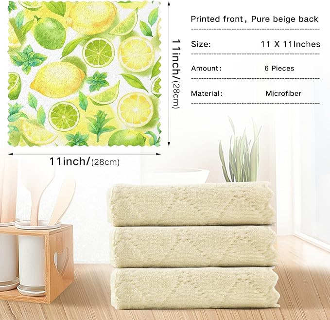 ALAZA Dish Towels - Super Absorbent Kitchen Cloths, Set of 6, 11"x11" Lemon White Soft Towels, Lint Free Bar Tea Kitchen Accessories