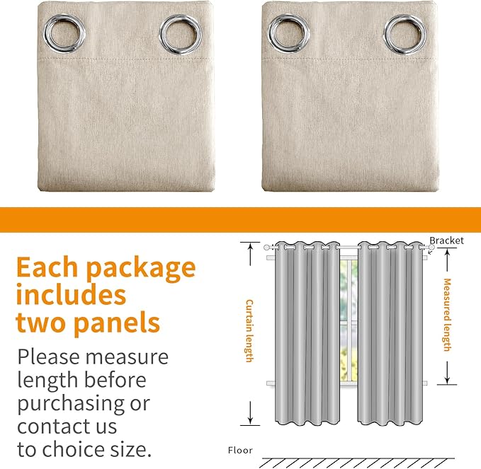 YoungsTex Oatmeal Linen 100% Blackout Curtains 63 Inch Length for Bedroom, Room Darkening Thermal Insulated Drapes with Grommet Heat Blocking for Short Living Room Window, 2 Panels, 38 X 63 Inch